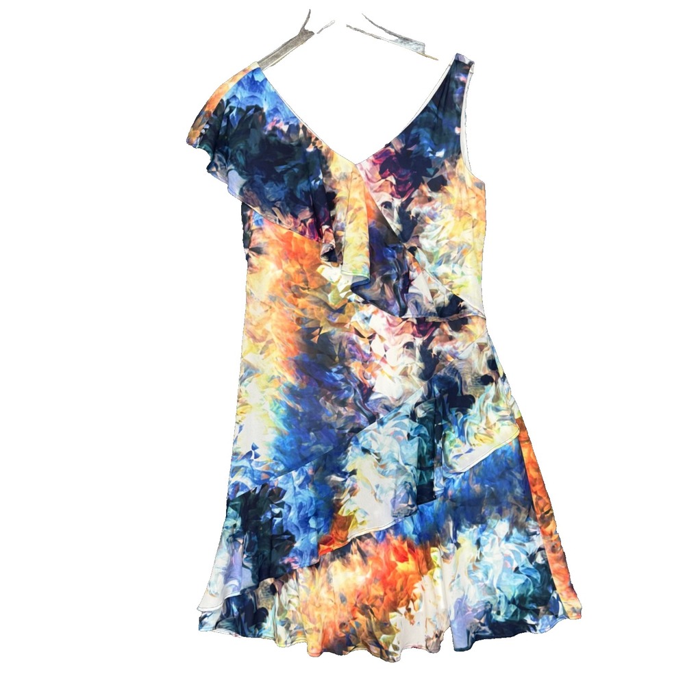 Frank‎ Lyman Dress Womens 10 Gauzy Multi Color Watercolor Print Ruffle Stretch